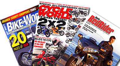 Bike Works, Cycle World and Red Rider represent distinct powersports publication categories.